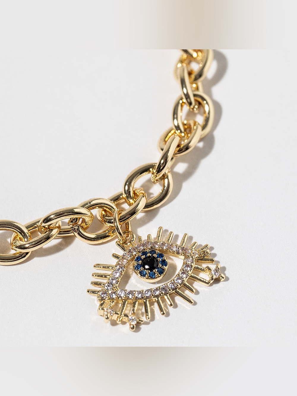 Gold Dipped CZ Stone Paved Evil Eye Charm Chain Link Magnetic Bracelet